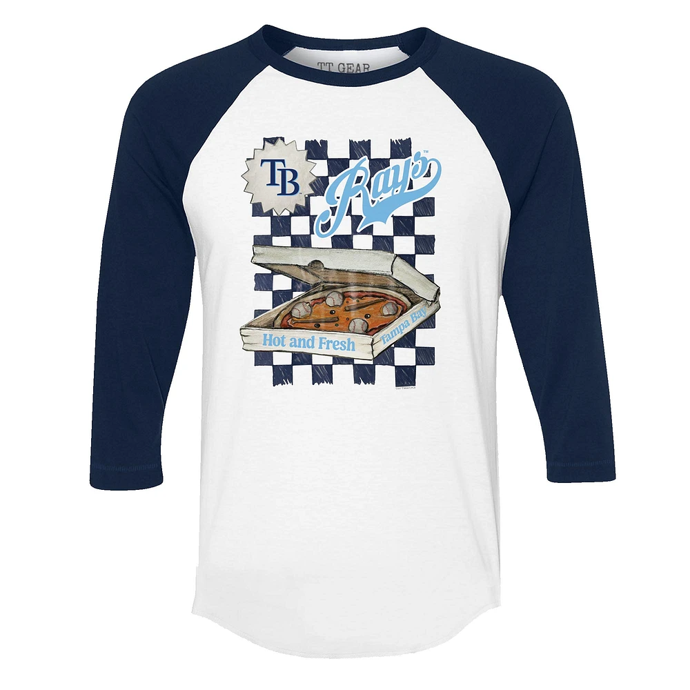 Women's Tiny Turnip White/Navy Tampa Bay Rays Pizza 3/4-Sleeve Raglan Baseball T-Shirt