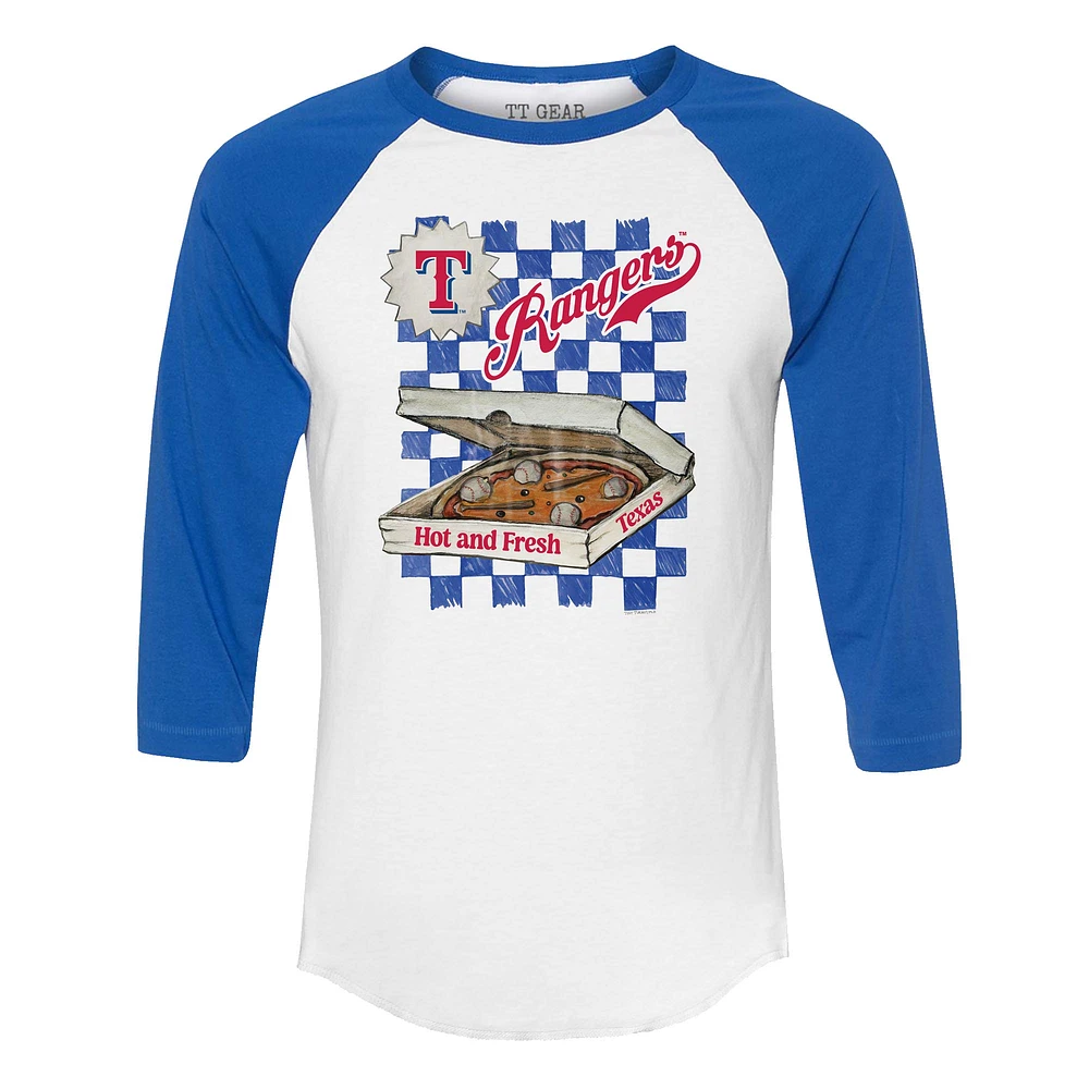 Women's Tiny Turnip White/Royal Texas Rangers Pizza 3/4-Sleeve Raglan Baseball T-Shirt