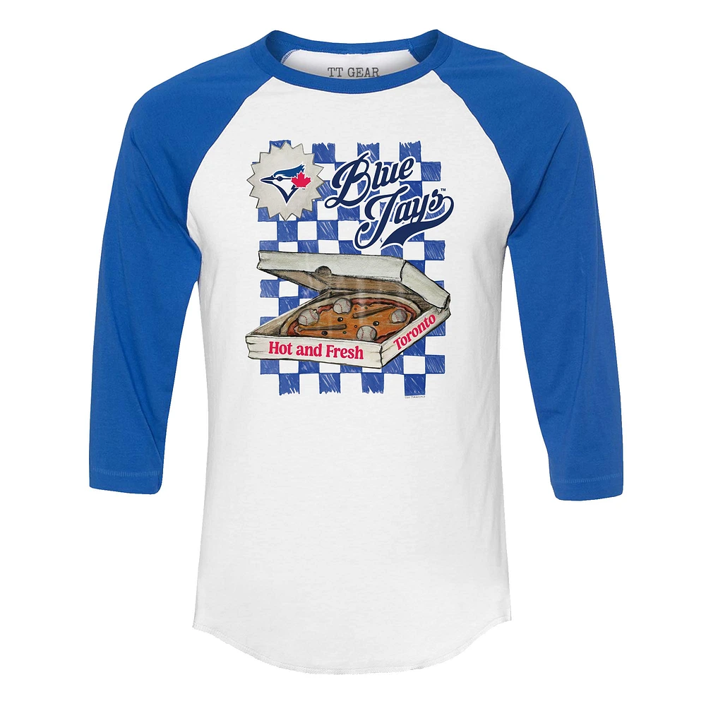 Women's Tiny Turnip White/Royal Toronto Blue Jays Pizza 3/4-Sleeve Raglan Baseball T-Shirt