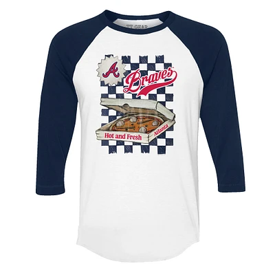 Women's Tiny Turnip White/Navy Atlanta Braves Pizza 3/4-Sleeve Raglan Baseball T-Shirt