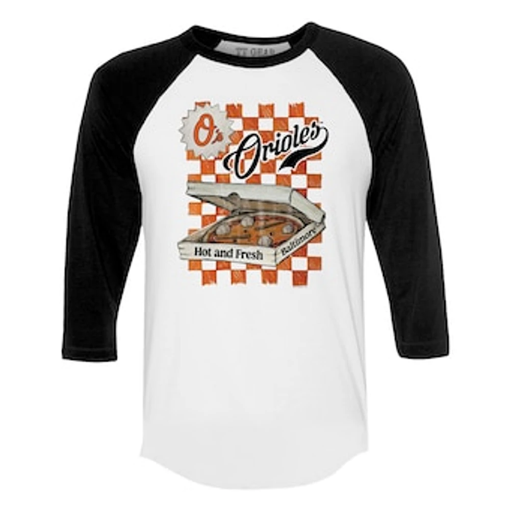 Women's Tiny Turnip White/Black Baltimore Orioles Pizza 3/4-Sleeve Raglan Baseball T-Shirt
