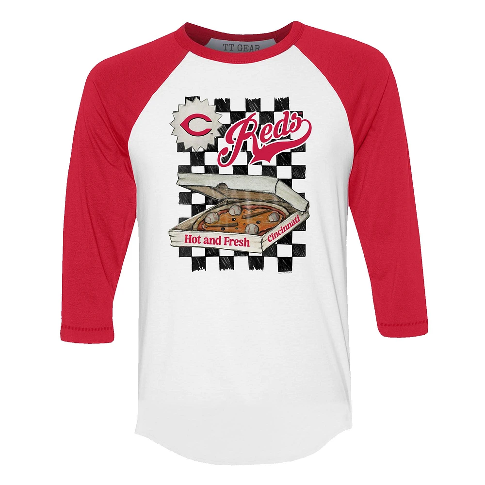 Women's Tiny Turnip White/Red Cincinnati Reds Pizza 3/4-Sleeve Raglan Baseball T-Shirt