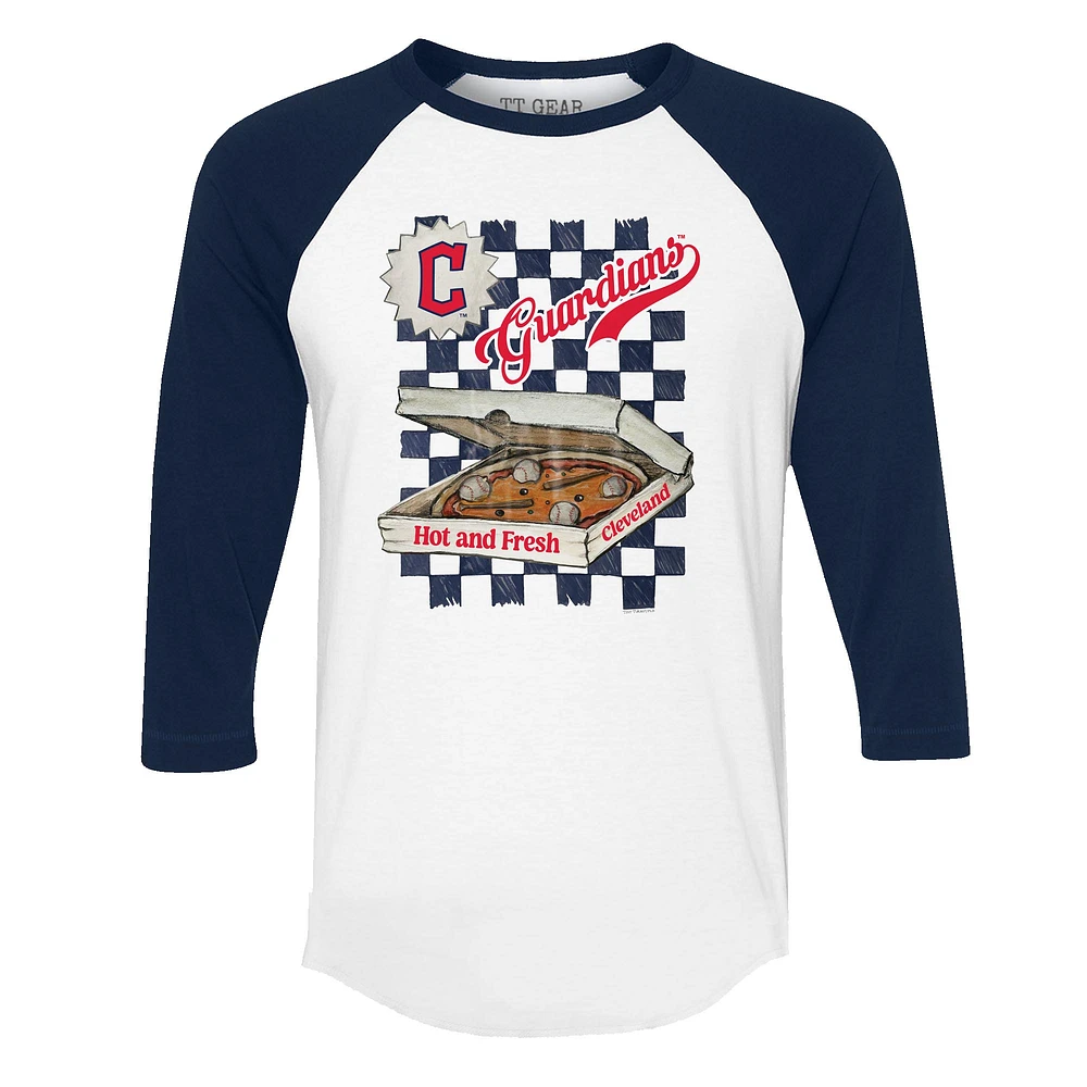 Women's Tiny Turnip White/Navy Cleveland Guardians Pizza 3/4-Sleeve Raglan Baseball T-Shirt