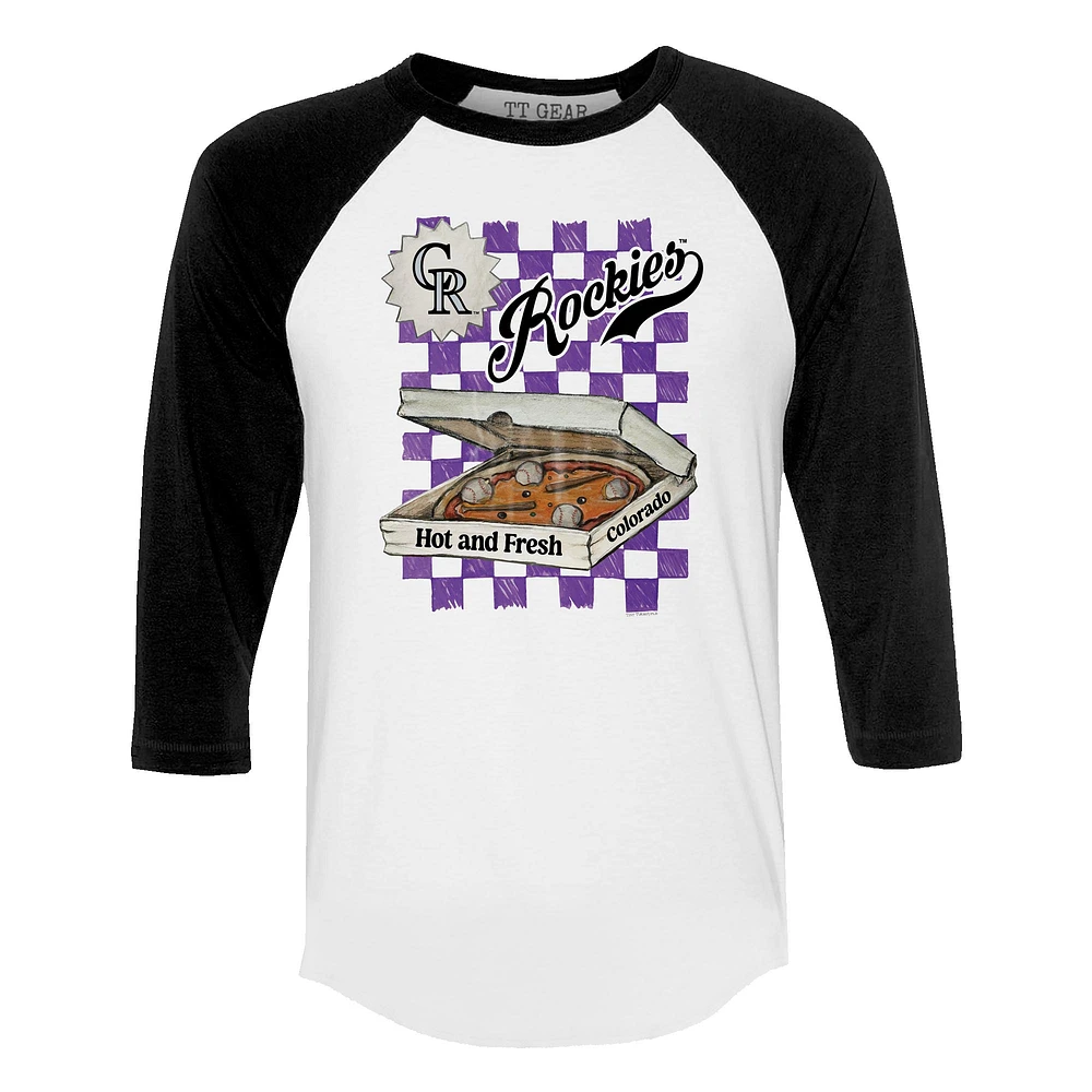Women's Tiny Turnip White/Black Colorado Rockies Pizza 3/4-Sleeve Raglan Baseball T-Shirt