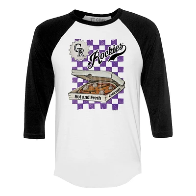Women's Tiny Turnip White/Black Colorado Rockies Pizza 3/4-Sleeve Raglan Baseball T-Shirt