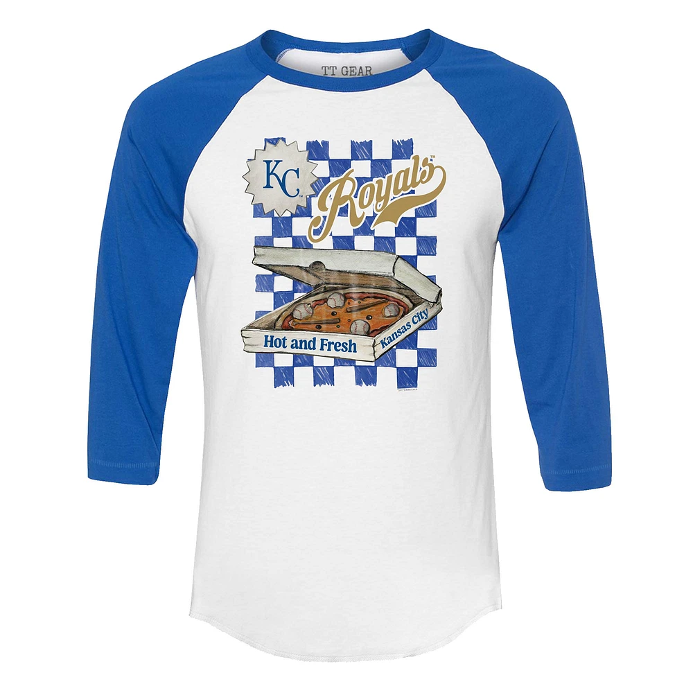 Women's Tiny Turnip White/Royal Kansas City Royals Pizza 3/4-Sleeve Raglan Baseball T-Shirt