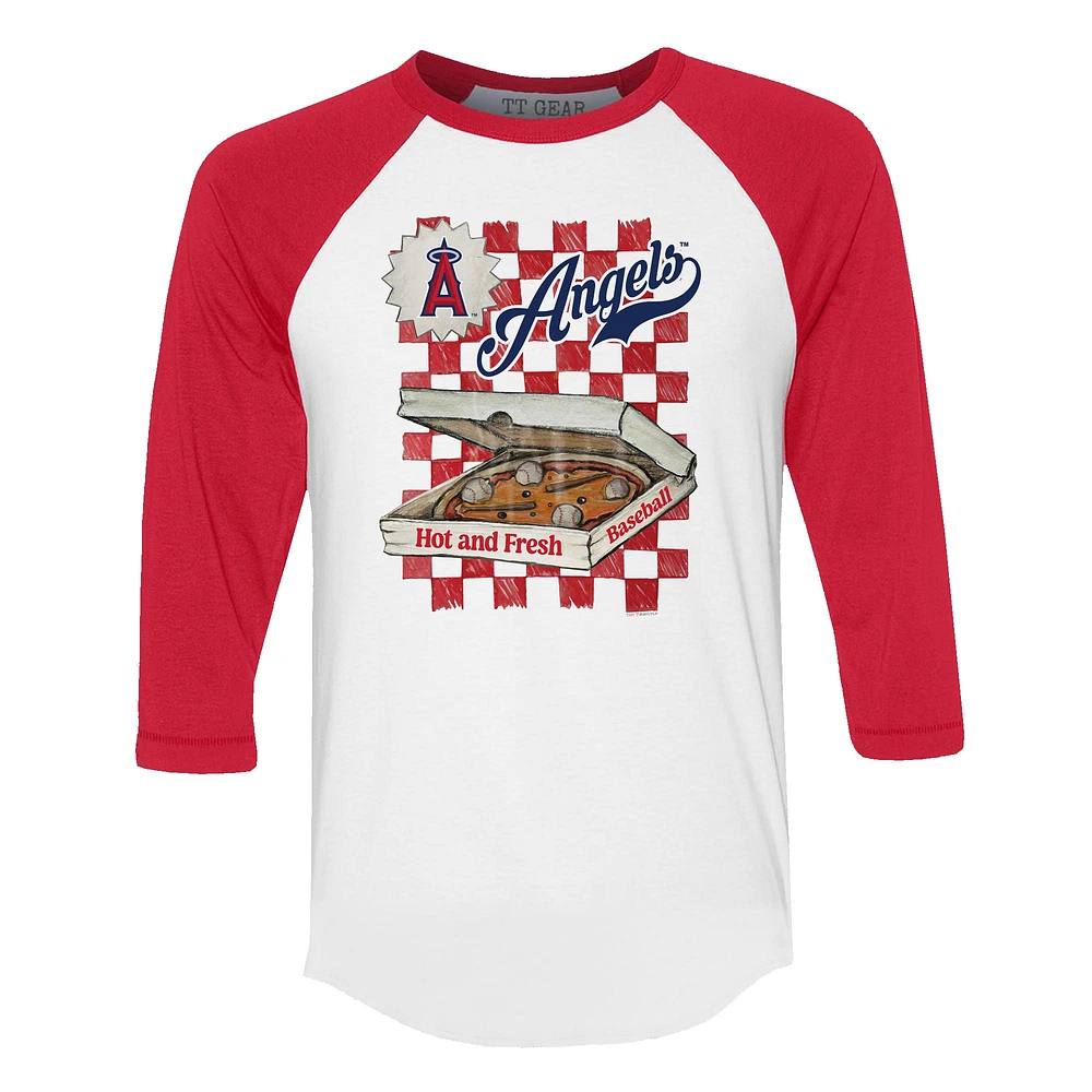 Women's Tiny Turnip White/Red Los Angeles Angels Pizza 3/4-Sleeve Raglan Baseball T-Shirt