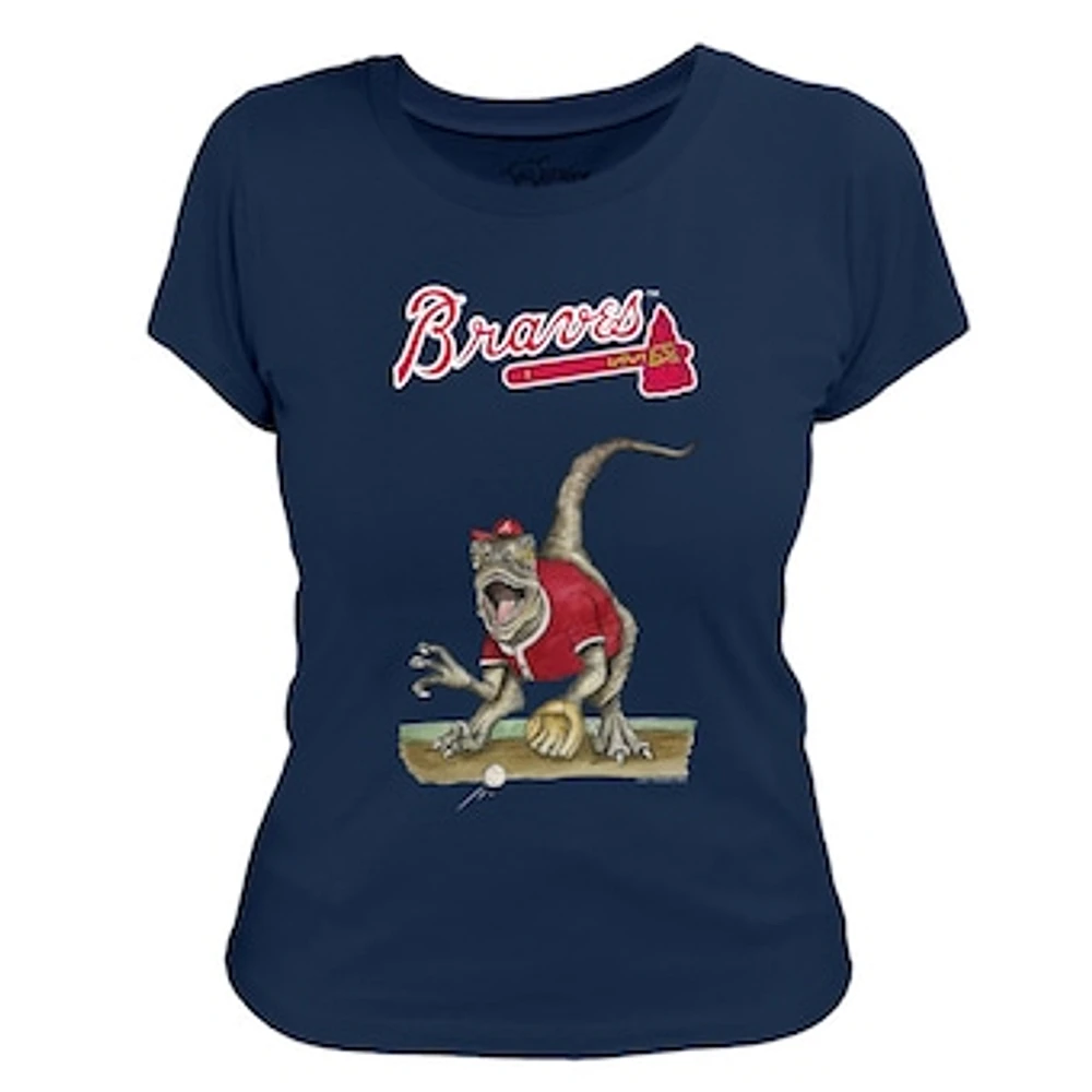 Women's Tiny Turnip Navy Atlanta Braves Velociraptor T-Shirt