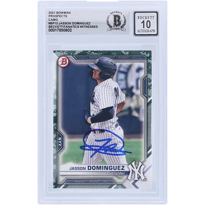 Jasson Domínguez New York Yankees Autographed 2021 Topps Bowman Camo Prospects #BP-13 Beckett Fanatics Witnessed Authenticated 10 Card