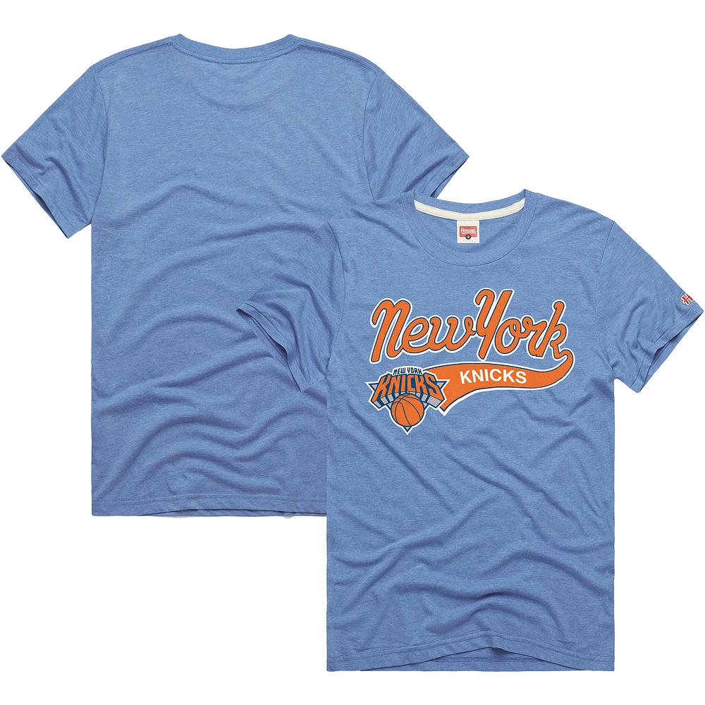 Men's Homage Blue New York Knicks Script Tri-Blend T-Shirt