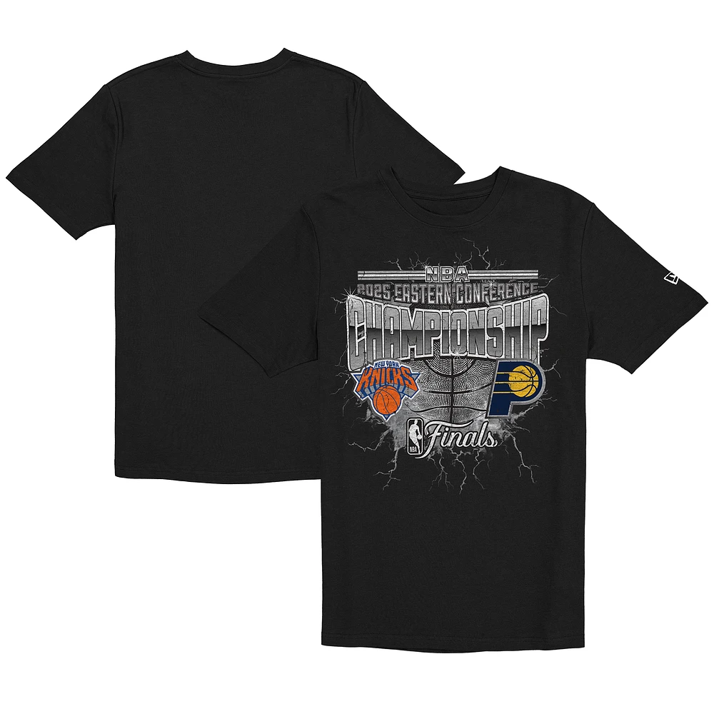 Men's New Era Black Indiana Pacers vs. New York Knicks 2025 Eastern Conference Finals Matchup Distressed Graphic T-Shirt