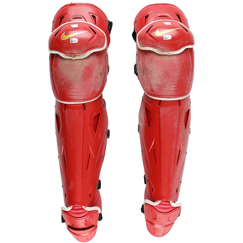 J.T. Realmuto Philadelphia Phillies Game-Used Red Nike Shin Guards vs. Atlanta Braves on August 31, 2024