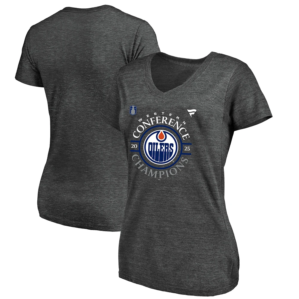 Women's Fanatics Heather Charcoal Edmonton Oilers 2025 Western Conference Champions Locker Room Plus Size V-Neck T-Shirt