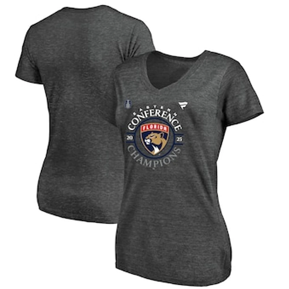 Women's Fanatics Heather Charcoal Florida Panthers 2025 Eastern Conference Champions Locker Room Plus Size V-Neck T-Shirt