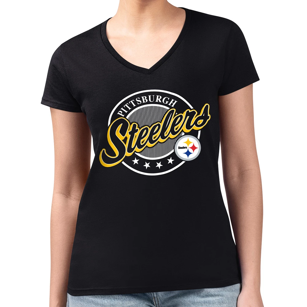 Women's G-III 4Her by Carl Banks Black Pittsburgh Steelers Super-Slim Fit Lightweight Pinstripe Circle V-Neck T-Shirt