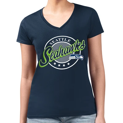 Women's G-III 4Her by Carl Banks Navy Seattle Seahawks Super-Slim Fit Lightweight Pinstripe Circle V-Neck T-Shirt