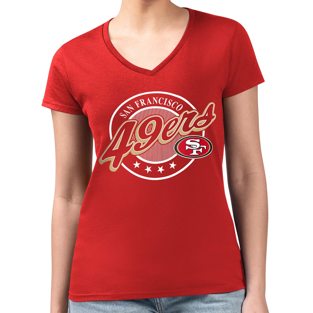 Women's G-III 4Her by Carl Banks Scarlet San Francisco 49ers Super-Slim Fit Lightweight Pinstripe Circle V-Neck T-Shirt