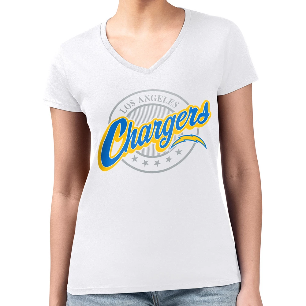Women's G-III 4Her by Carl Banks White Los Angeles Chargers Super-Slim Fit Lightweight Pinstripe Circle V-Neck T-Shirt
