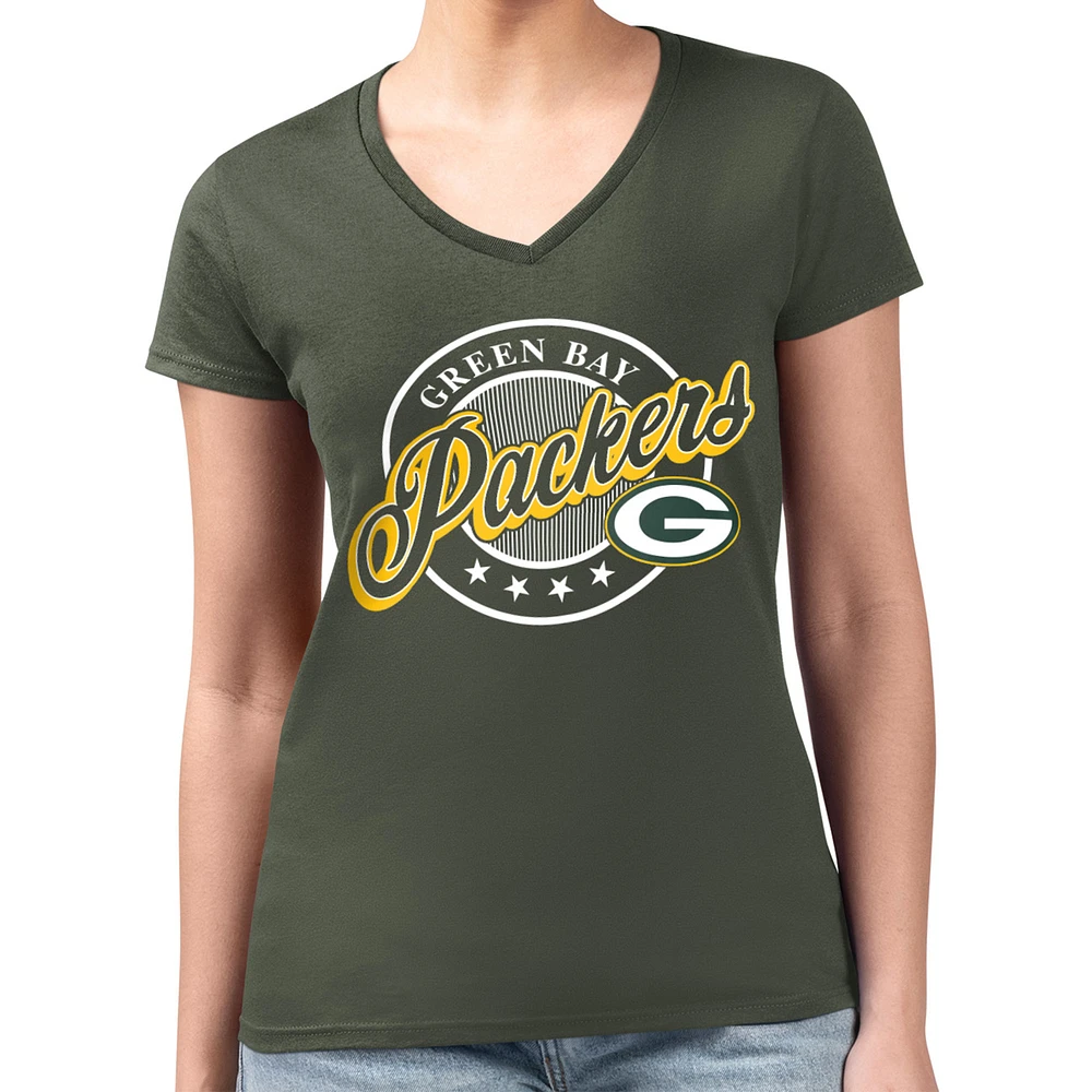 Women's G-III 4Her by Carl Banks Green Bay Packers Super-Slim Fit Lightweight Pinstripe Circle V-Neck T-Shirt