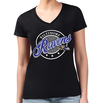 Women's G-III 4Her by Carl Banks Black Baltimore Ravens Super-Slim Fit Lightweight Pinstripe Circle V-Neck T-Shirt