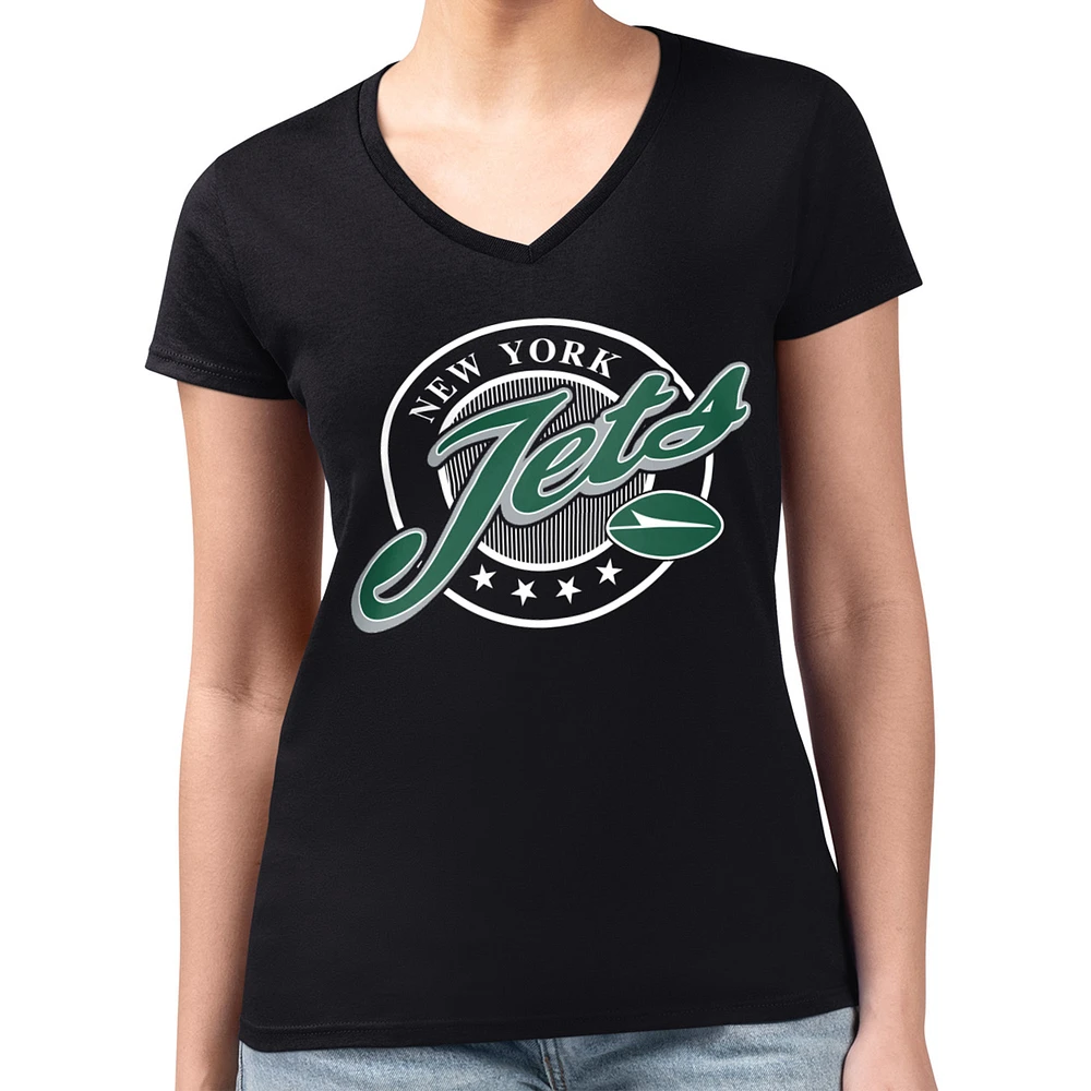 Women's G-III 4Her by Carl Banks Black New York Jets Super-Slim Fit Lightweight Pinstripe Circle V-Neck T-Shirt
