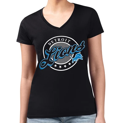 Women's G-III 4Her by Carl Banks Black Detroit Lions Super-Slim Fit Lightweight Pinstripe Circle V-Neck T-Shirt
