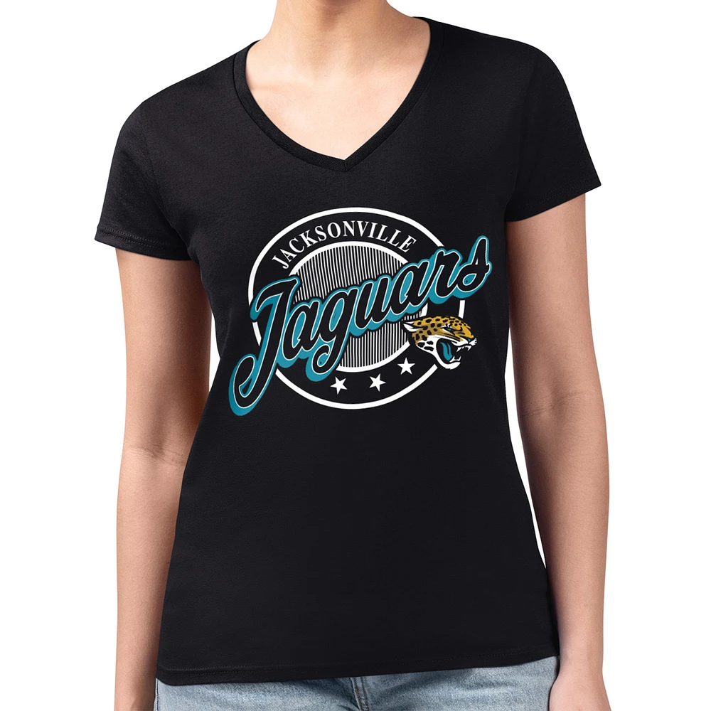 Women's G-III 4Her by Carl Banks Black Jacksonville Jaguars Super-Slim Fit Lightweight Pinstripe Circle V-Neck T-Shirt