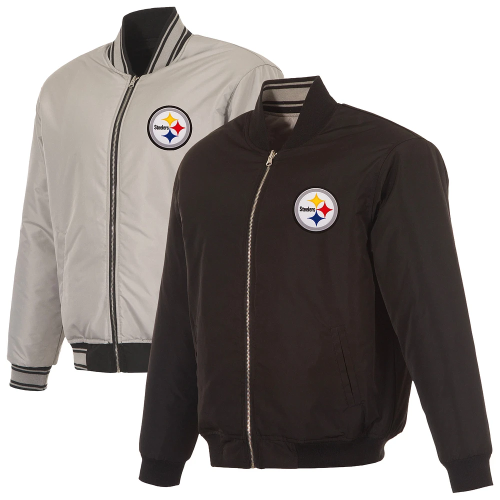 Men's JH Design Black/Gray Pittsburgh Steelers Full-Zip Reversible Flight Jacket