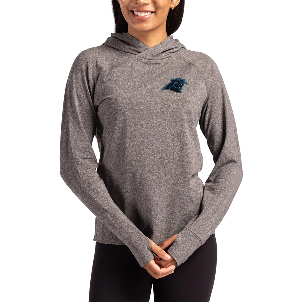 Women's Cutter & Buck Heather Charcoal Carolina Panthers Primary Logo Adapt Knit Recycled Raglan Pullover Hoodie