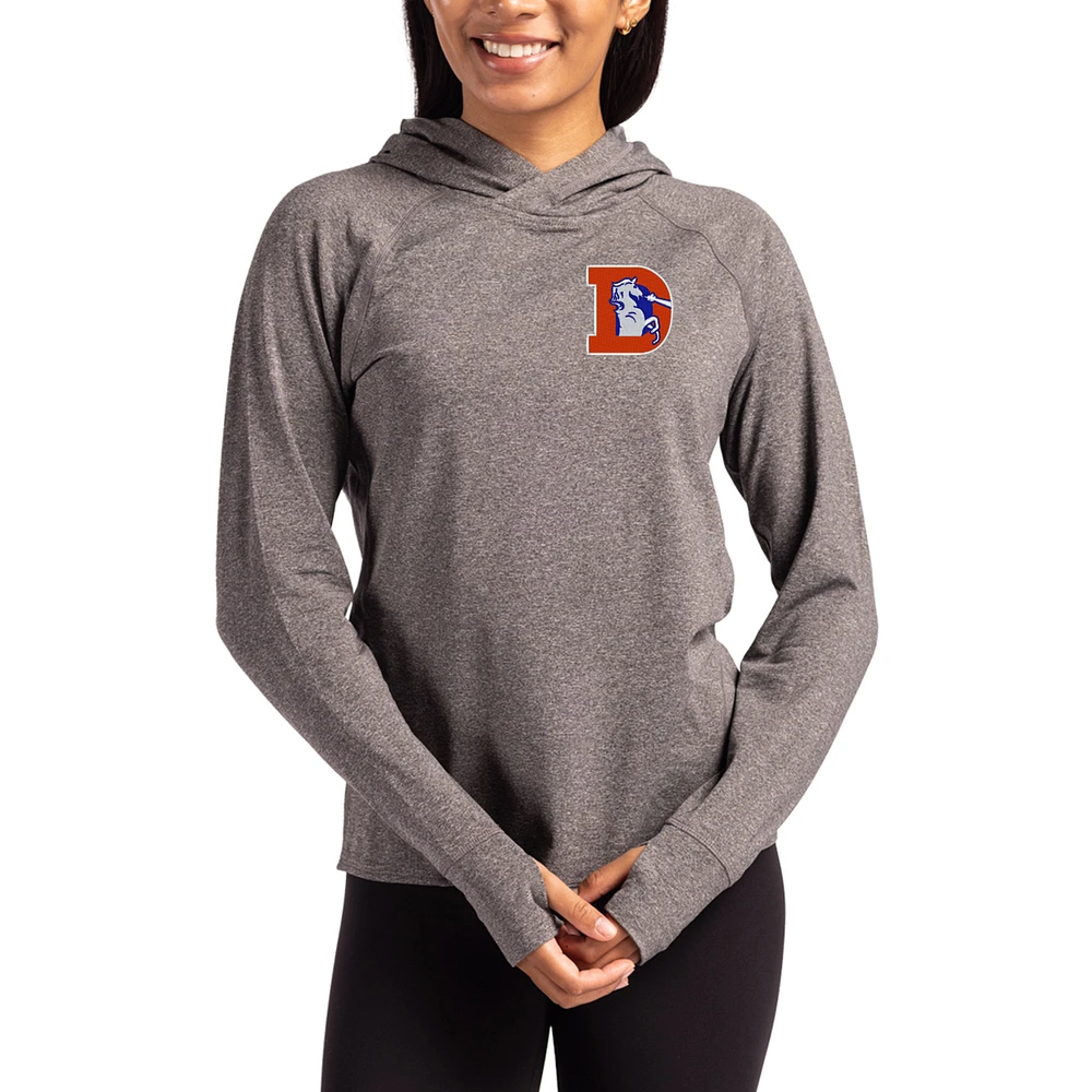 Women's Cutter & Buck Heather Charcoal Denver Broncos Throwback Logo Adapt Knit Recycled Raglan Pullover Hoodie
