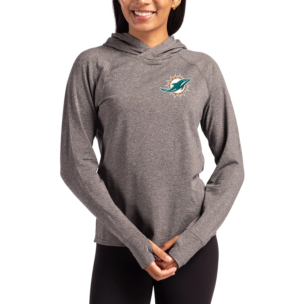 Women's Cutter & Buck Heather Charcoal Miami Dolphins Primary Logo Adapt Knit Recycled Raglan Pullover Hoodie