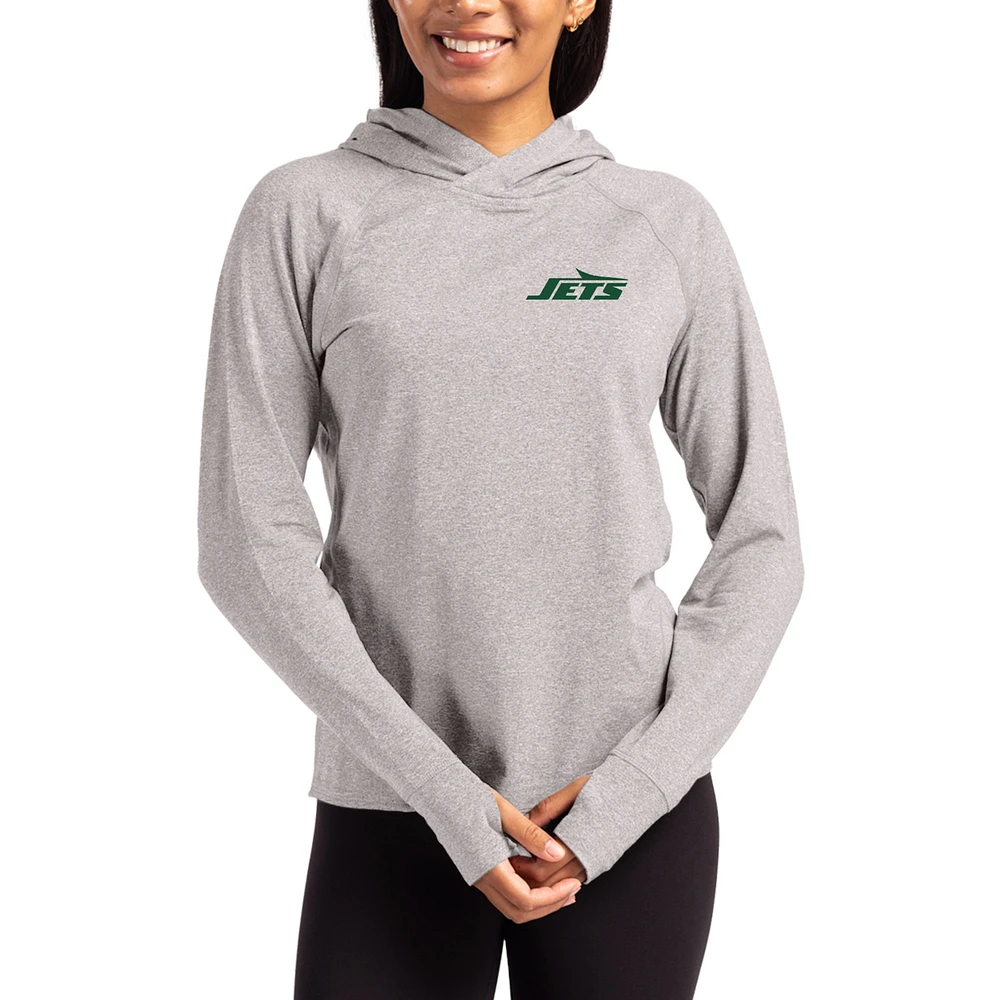 Women's Cutter & Buck Heather Gray New York Jets Primary Logo Adapt Knit Recycled Raglan Pullover Hoodie