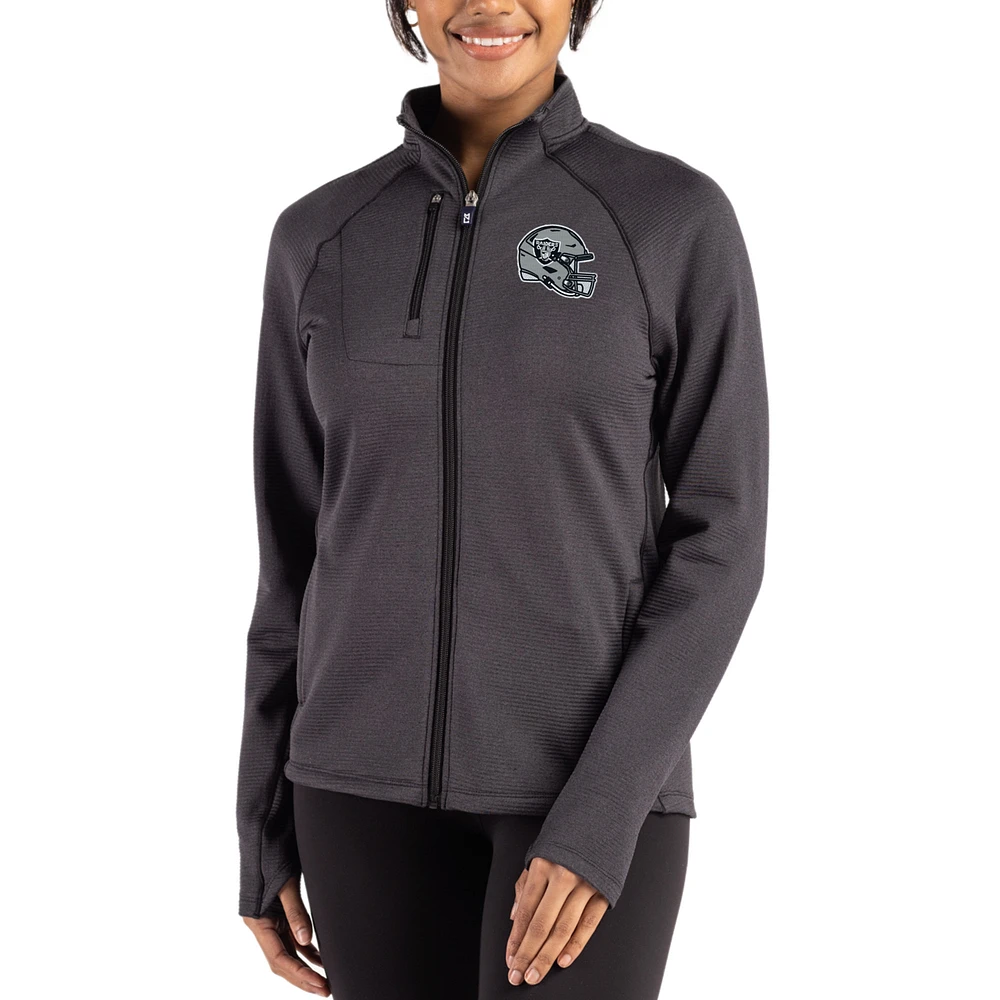 Women's Cutter & Buck Heather Black Las Vegas Raiders Peshastin Fleece Recycled Raglan Full-Zip Jacket