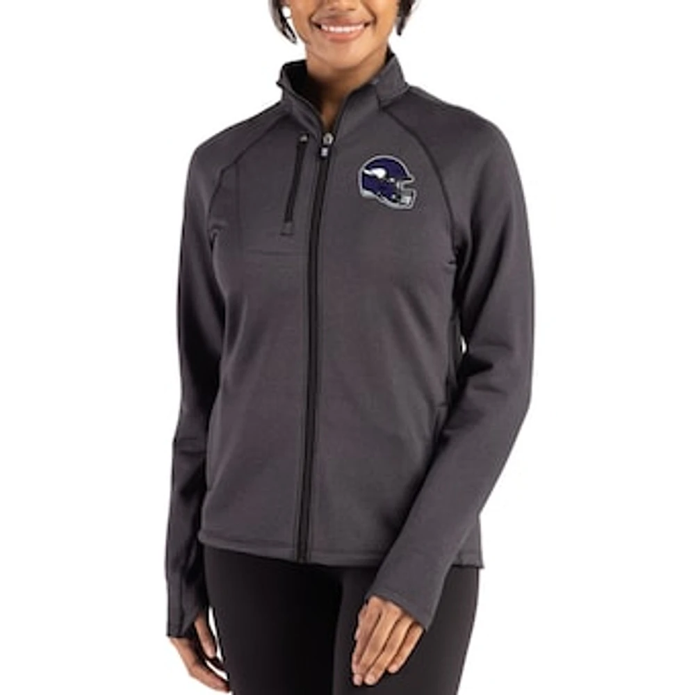 Women's Cutter & Buck Heather Black Minnesota Vikings Peshastin Fleece Recycled Raglan Full-Zip Jacket