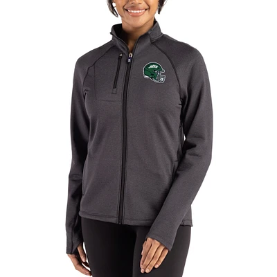Women's Cutter & Buck Heather Black New York Jets Peshastin Fleece Recycled Raglan Full-Zip Jacket
