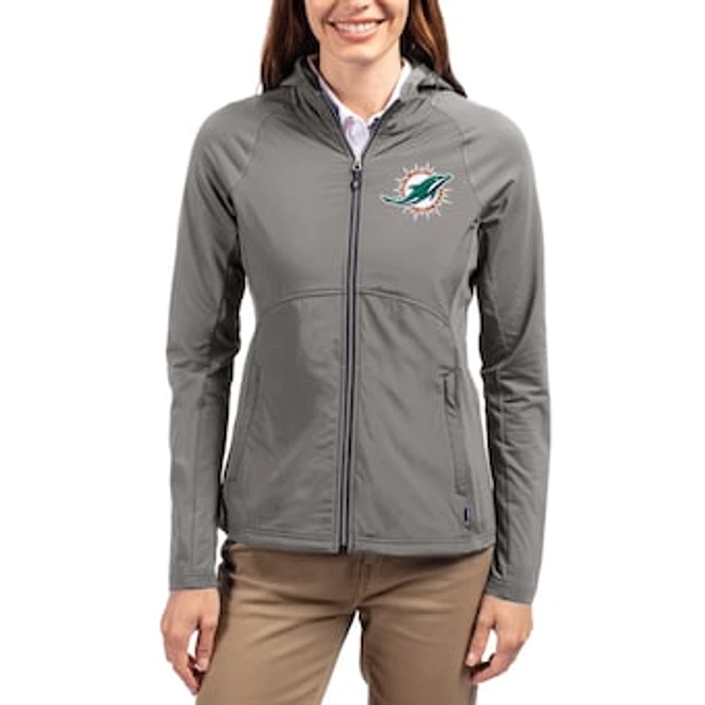 Women's Cutter & Buck Gray Miami Dolphins Adapt Eco Knit Hybrid Recycled Raglan Full-Zip Hoodie Jacket