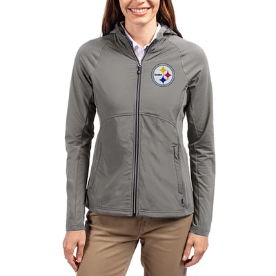 Women's Cutter & Buck Gray Pittsburgh Steelers Adapt Eco Knit Hybrid Recycled Raglan Full-Zip Hoodie Jacket