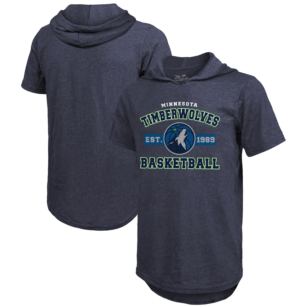 Men's Majestic Threads Navy Minnesota Timberwolves Tri-Blend Hoodie T-Shirt