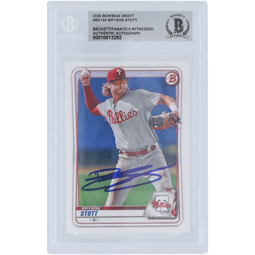 Bryson Stott Philadelphia Phillies Autographed 2020 Bowman Draft #BD-140 Beckett Fanatics Witnessed Authenticated Card