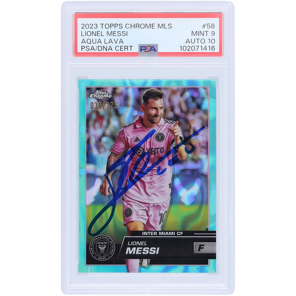 Lionel Messi Inter Miami CF Autographed 2023 Topps Chrome MLS Aqua Lava #58 #30/125 PSA Authenticated 9/10 Card