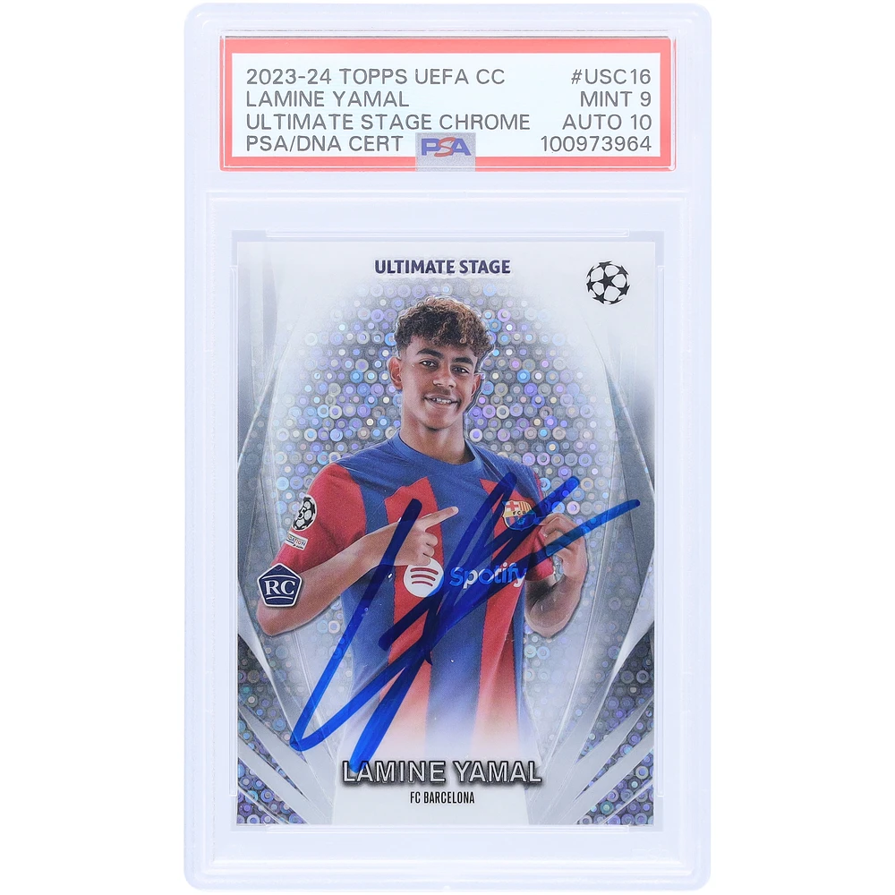 Lamine Yamal Barcelona Autographed 2023-24 Topps Chrome UEFA Ultimate Stage #USC-16 PSA Authenticated 9/10 Rookie Card