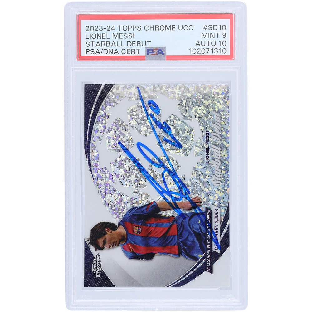 Lionel Messi Barcelona Autographed 2023-24 Topps Chrome UCC Starball Debut #SD-10 PSA Authenticated /10 Card