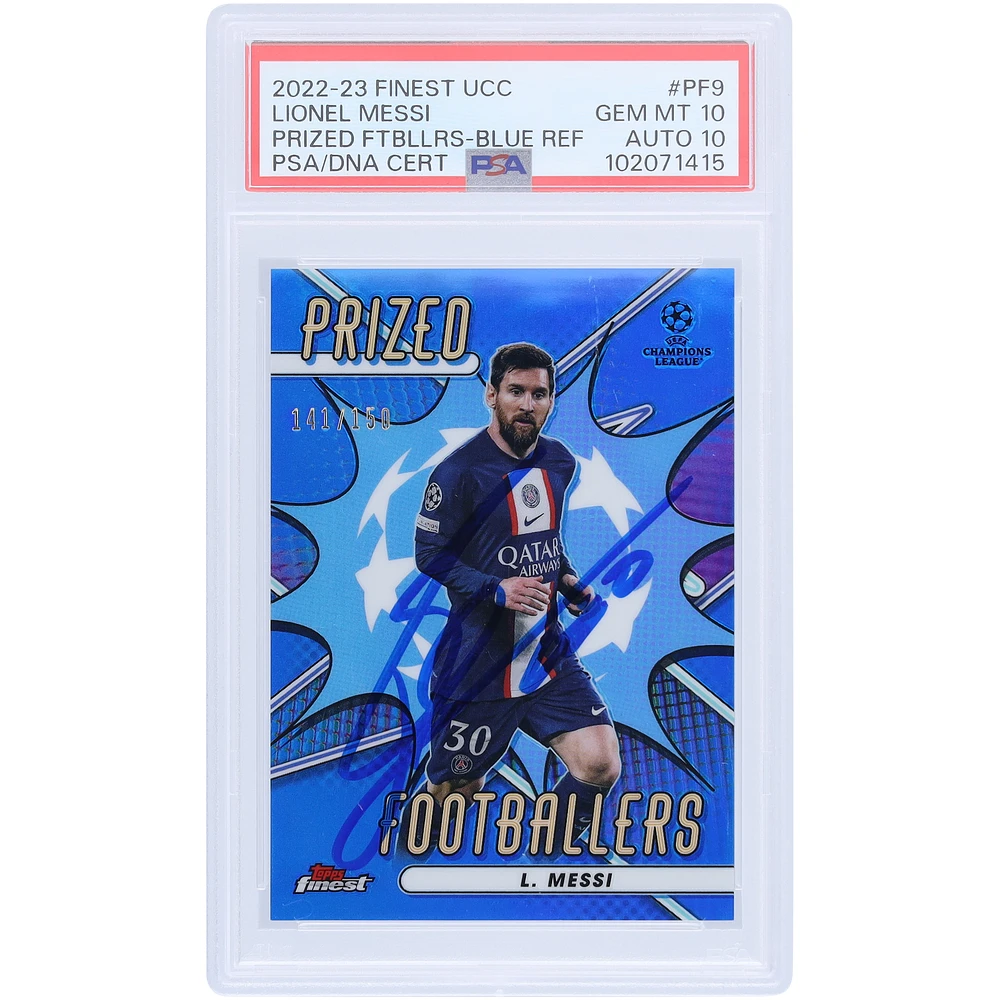Lionel Messi Paris Saint-Germain Autographed 2022-23 Topps Finest Prized Footballer Blue Refractor #PF-9 #/150 PSA Authenticated 10/10 Card