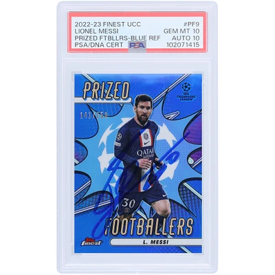 Lionel Messi Paris Saint-Germain Autographed 2022-23 Topps Finest Prized Footballer Blue Refractor #PF-9 #/150 PSA Authenticated 10/10 Card