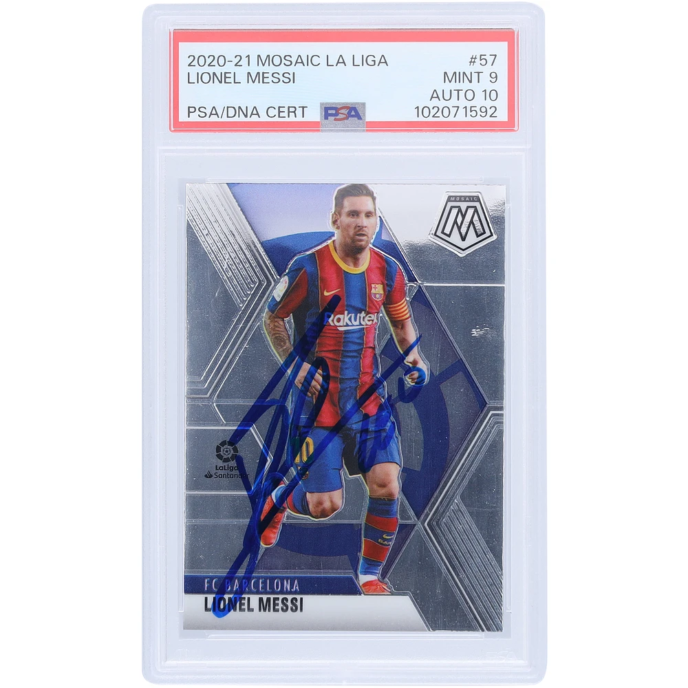 Lionel Messi Barcelona Autographed 2020-21 Panini Mosaic La Liga #57 PSA Authenticated 9/10 Card