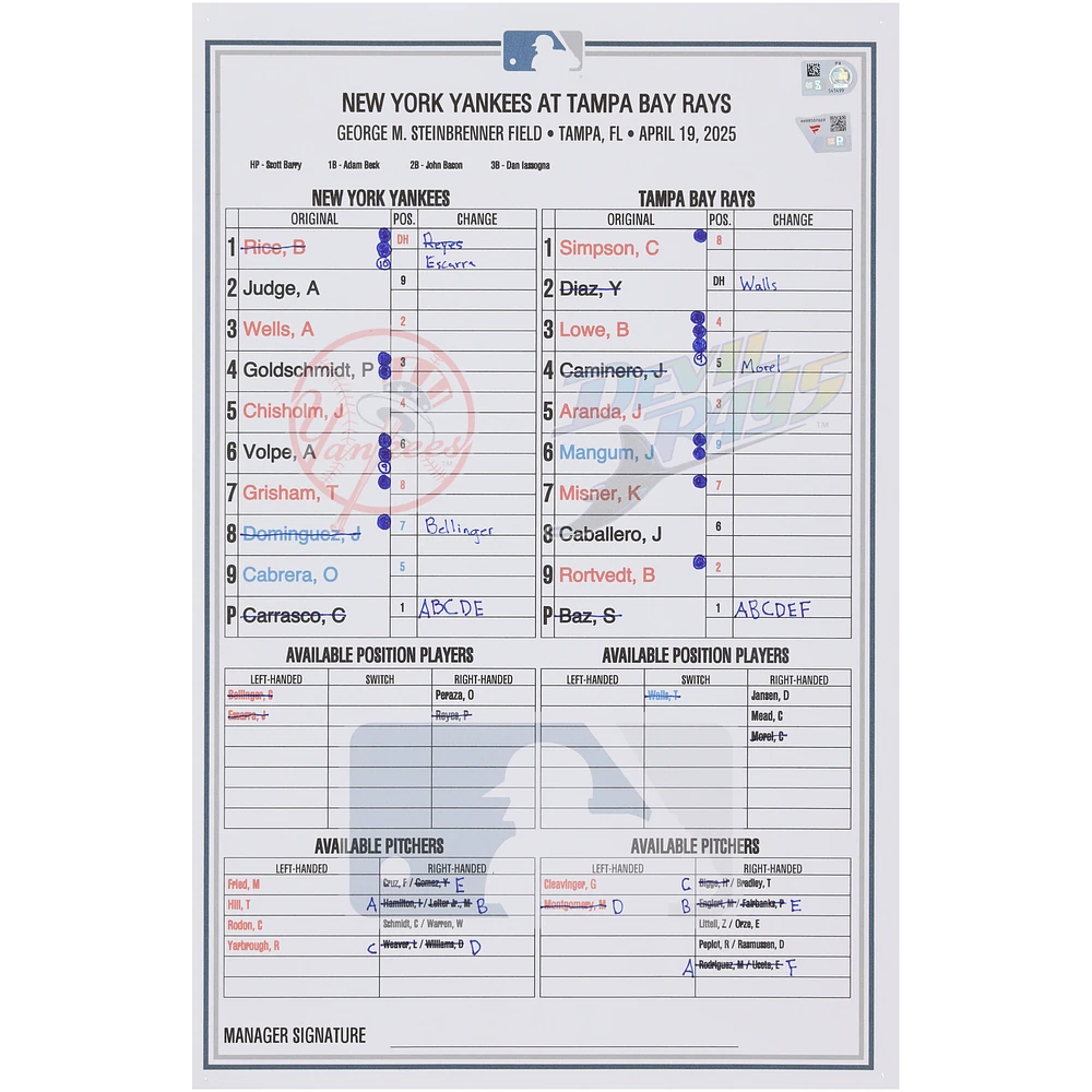 New York Yankees Game-Used Lineup Card vs. Tampa Bay Rays on April 19, 2025