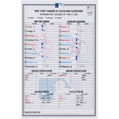 New York Yankees Game-Used Lineup Card vs. Cleveland Guardians on April 21, 2025