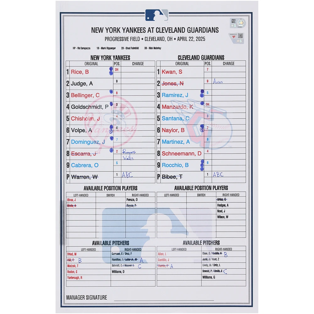 New York Yankees Game-Used Lineup Card vs. Cleveland Guardians on April 22, 2025