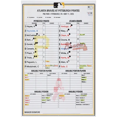 Pittsburgh Pirates Game-Used Lineup Card vs. Atlanta Braves on May 11, 2025
