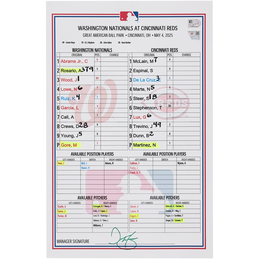 Washington Nationals Game-Used Lineup Card vs. Cincinnati Reds on May 4, 2025